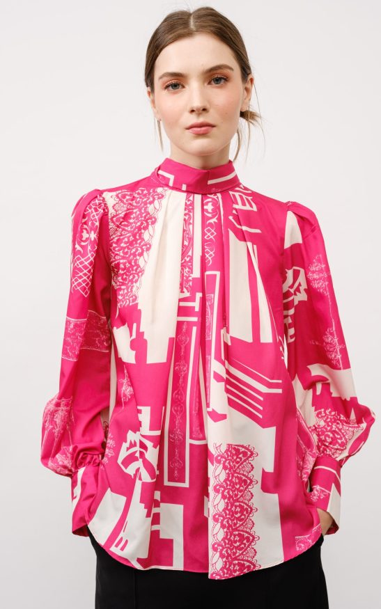 Long Puff Sleeve Abstract Print Bow Detail Blouse #23672957