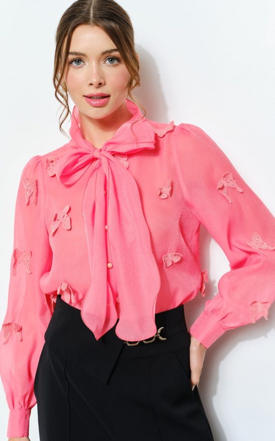 Sheer Embroidered Butterfly Bow Tie Blouse #23617579