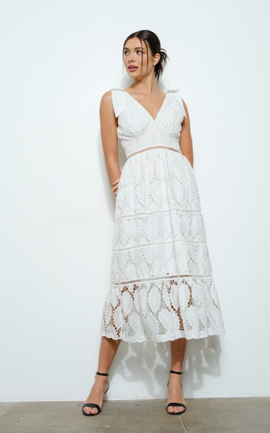Lace Ribbon Accent Sleeveless Midi Dress #23558090