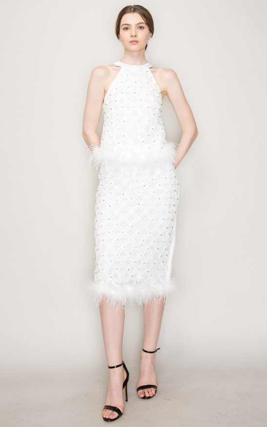 Rhinestone Feather Trimmed Chocker Neck Top #23125528