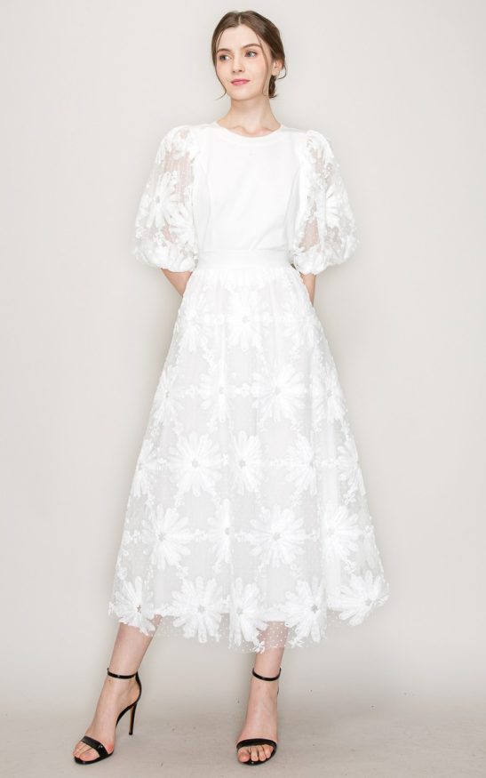High Waist Floral Applique Dots Tulle Long Skirt #22107318