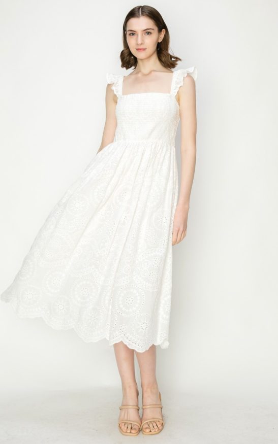 Cotton Sleeveless Embroidered Eyelet Midi Dress #23549027