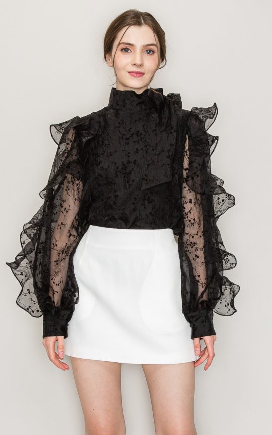 High Neck Long Sleeve Floral Print Frilled Blouse #22436221