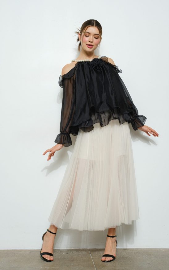 Off-shoulder Pearl Accent Organza Ruffle Blouse #23509052