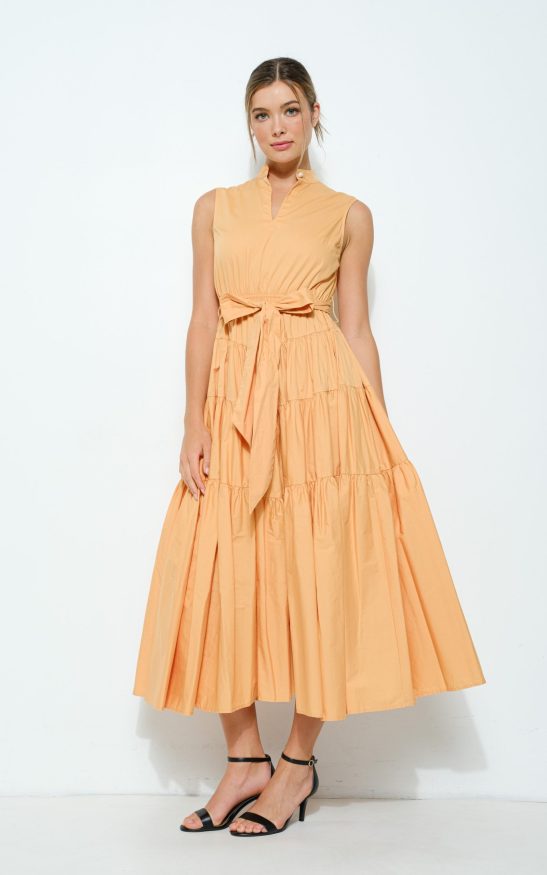 Cotton Sleeveless Tiered Self-tie Belt Midi Dress #23524714
