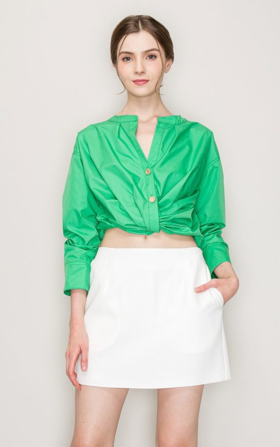 Long Sleeve Gathered Detail Shirt Crop Top #23493913