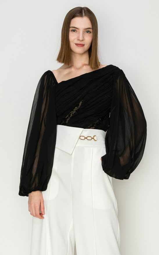 Chiffone Lace See-Through Pleated Balloon Sleeves Blouse #21984810