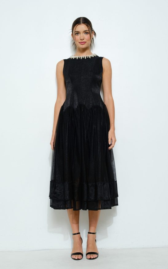 Pearl Embellished Sheer Tulle Midi Dress #23556579