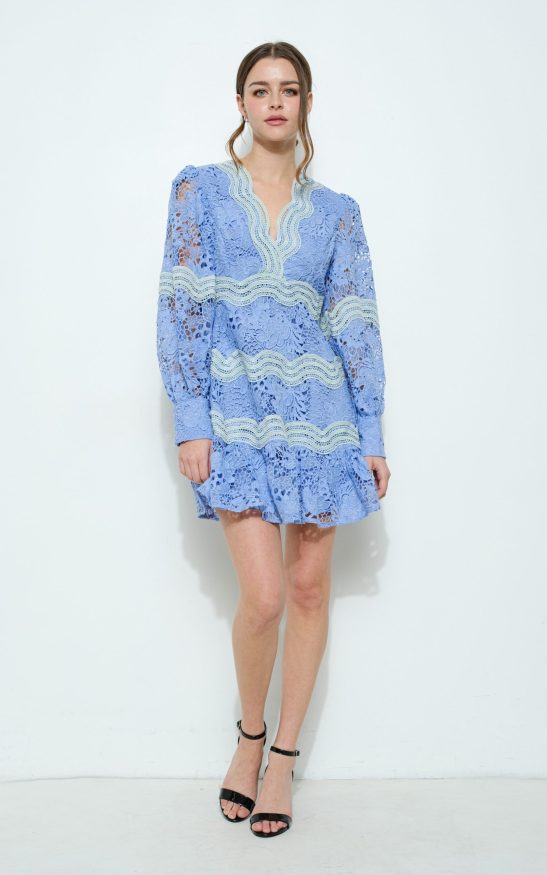 Lace Panel Puff-sleeve Open-back Mini Dress #23569107