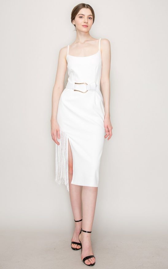 Sleeveless Side Slit Fringe Midi Dress #23549658