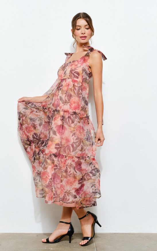 Organza Floral Printed Tiered Midi Dress #23591848