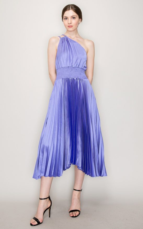 Pleated Satin One Shoulder Strap Cutout Midi Dress #23551381