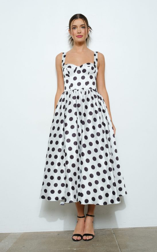 Sweetheart Polka Dot Bustier Midi Dress #23495729