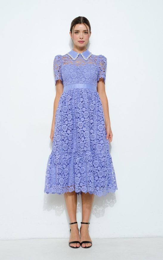 Pearl Embellished Collar Lace Midi Dress #23557937
