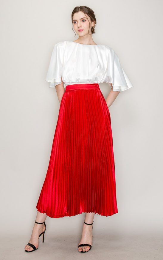 High Waist Satin Pleated Long Skirt #22890652
