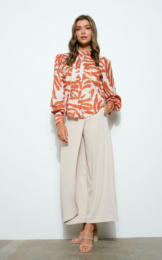 Long Sleeves Leaf Print Lace Detail Blouse Top #22952169
